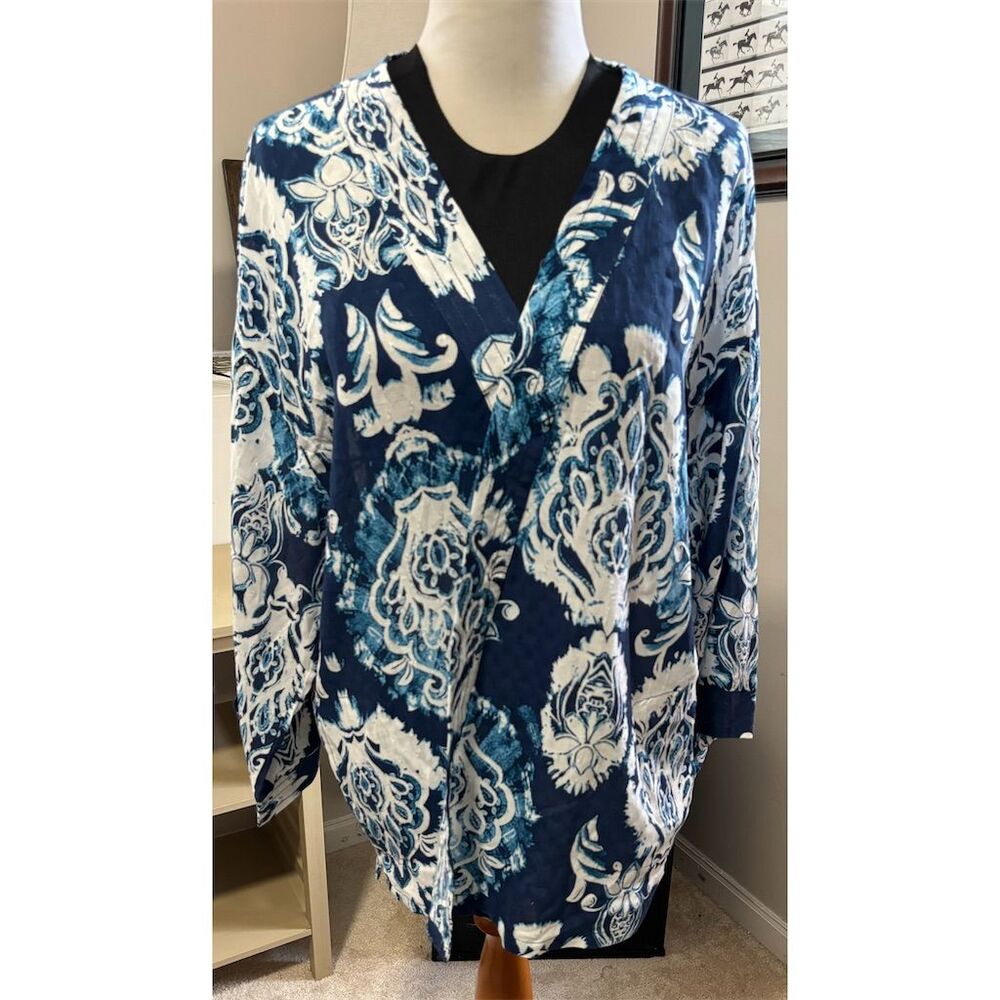 Haute Hippie Women's Blue Floral Kimono Shirt Long Sleeve Collared Versatile